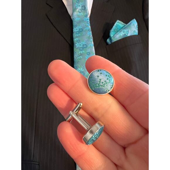 Men’s 3 Piece Tie Set Teal Cyan Tie Pocket Square Cufflinks - Picture 3 of 5